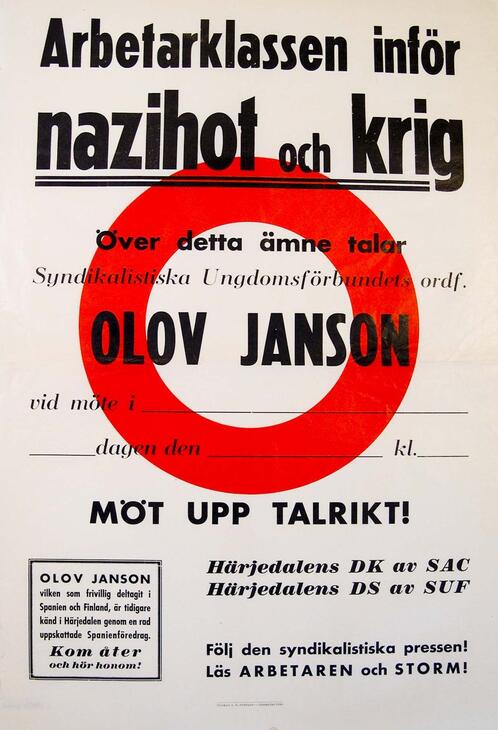 Föredrag av Olov Janson om arbetarklassen inför nazihot och krig.