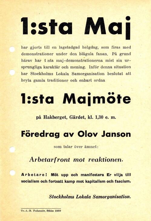 Stockholms LS: 1 maj möte på Hakberget, Gärdet med tal av Olov Janson 1939.