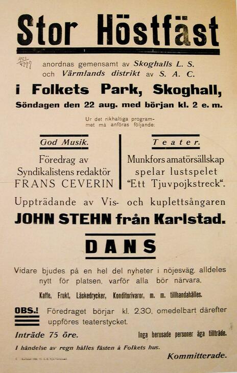 Stor höstfäst anordnas gemensamt av Skoghalls LS och Värmlands distrikt. Föredrag av Frans Severin.